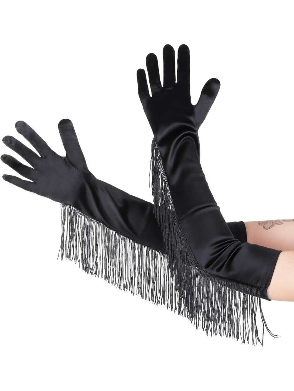 Black Satin Opera Gloves with Fringe Tassels 19” Elbow-Length Stretch Gloves